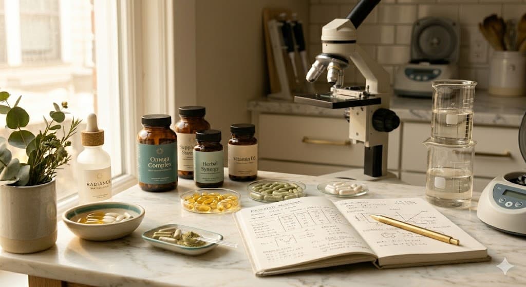Laboratory setup with microscope and supplement bottles